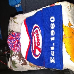 Vtg Tom's Est 1960 Drive In Pull on Cuffed Beanie w/ Pom Pom OS Blue White Red